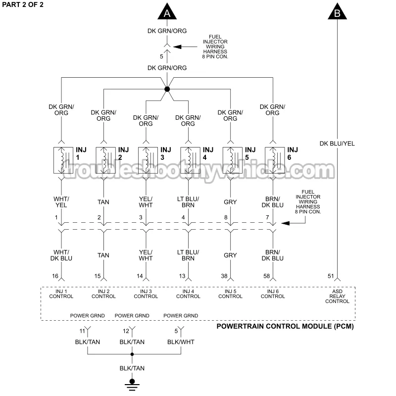 PART 2 -Fuel Injector Circuit Wiring Diagram. 1992, 1993 3.0L V6 Caravan, Grand Caravan, Voyager, Grand Voyager PART 2 of 2 -Fuel Injector Circuit Wiring Diagram. 1992, 1993 3.0L V6 Caravan, Grand Caravan, Voyager, Grand Voyager