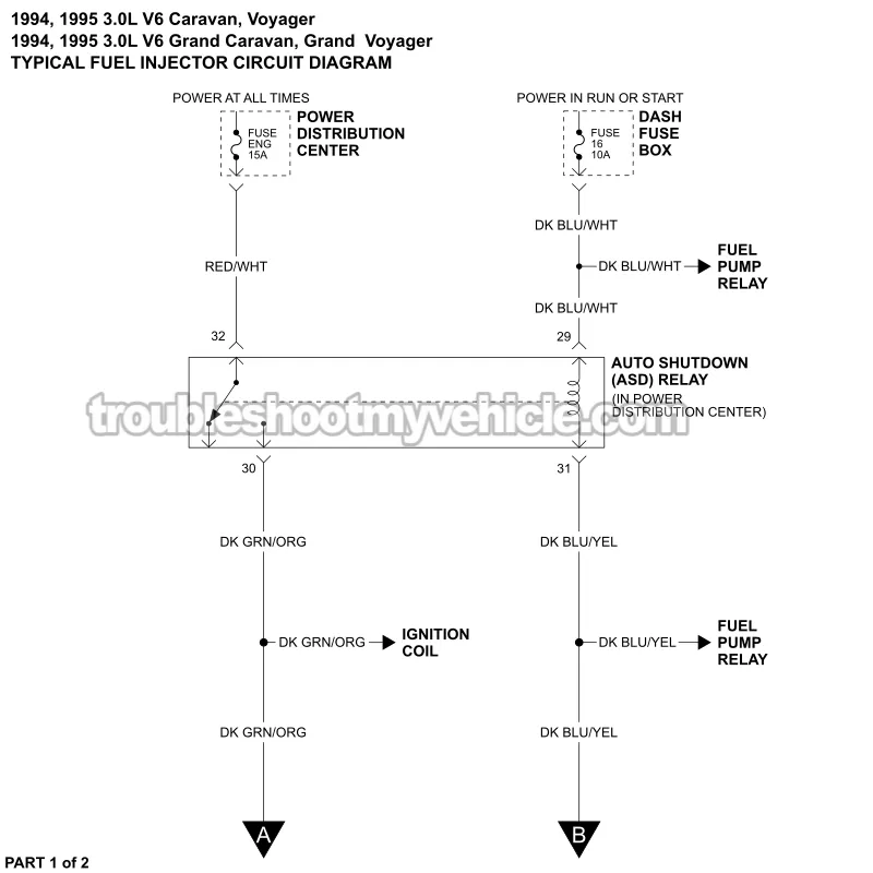 PART 1 -Fuel Injector Circuit Wiring Diagram. 1994, 1995 3.0L V6 Caravan, Grand Caravan, Voyager, Grand Voyager PART 1 of 2 -Fuel Injector Circuit Wiring Diagram. 1994, 1995 3.0L V6 Caravan, Grand Caravan, Voyager, Grand Voyager