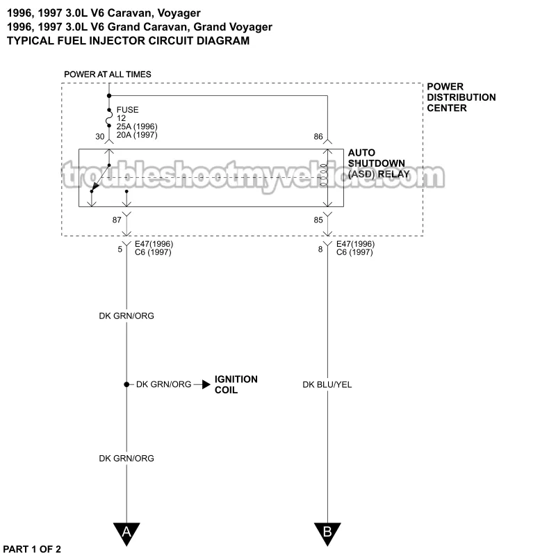PART 1 -Fuel Injector Circuit Wiring Diagram. 1996, 1997 3.0L V6 Caravan, Grand Caravan, Voyager, Grand Voyager PART 1 of 2 -Fuel Injector Circuit Wiring Diagram. 1996, 1997 3.0L V6 Caravan, Grand Caravan, Voyager, Grand Voyager