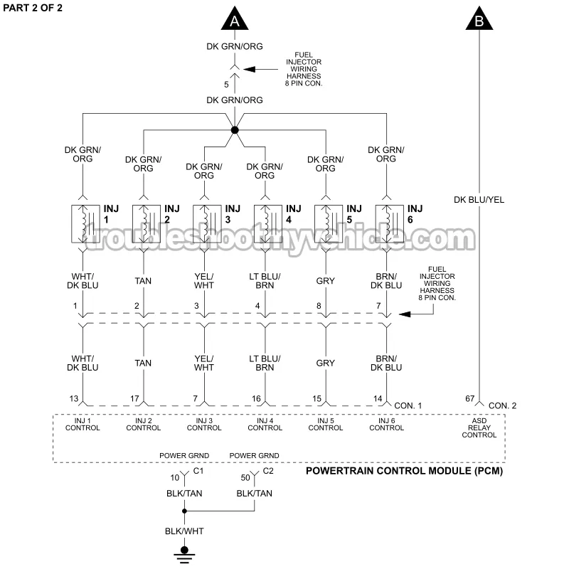 PART 2 -Fuel Injector Circuit Wiring Diagram. 1996, 1997 3.0L V6 Caravan, Grand Caravan, Voyager, Grand Voyager PART 2 of 2 -Fuel Injector Circuit Wiring Diagram. 1996, 1997 3.0L V6 Caravan, Grand Caravan, Voyager, Grand Voyager