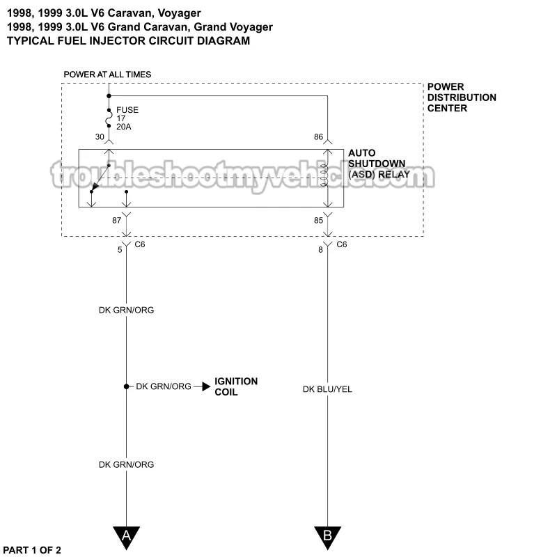 PART 1 -Fuel Injector Circuit Wiring Diagram. 1998, 1999 3.0L V6 Caravan, Grand Caravan, Voyager, Grand Voyager PART 1 of 2 -Fuel Injector Circuit Wiring Diagram. 1998, 1999 3.0L V6 Caravan, Grand Caravan, Voyager, Grand Voyager