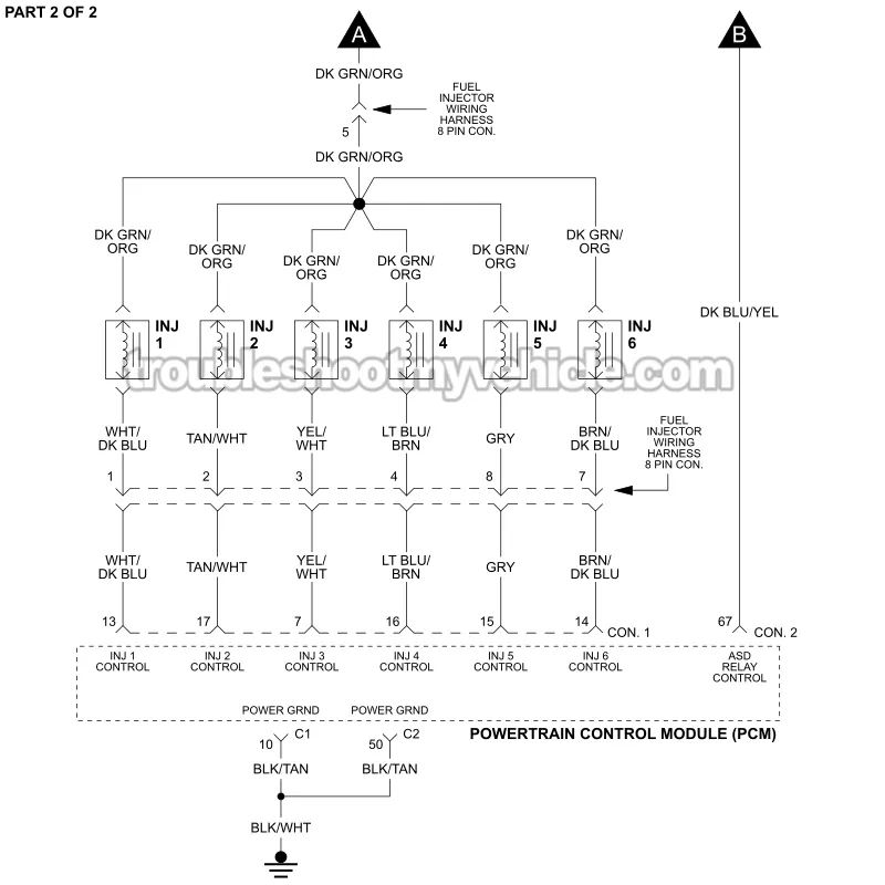 PART 2 -Fuel Injector Circuit Wiring Diagram. 1998, 1999 3.0L V6 Caravan, Grand Caravan, Voyager, Grand Voyager PART 2 of 2 -Fuel Injector Circuit Wiring Diagram. 1998, 1999 3.0L V6 Caravan, Grand Caravan, Voyager, Grand Voyager