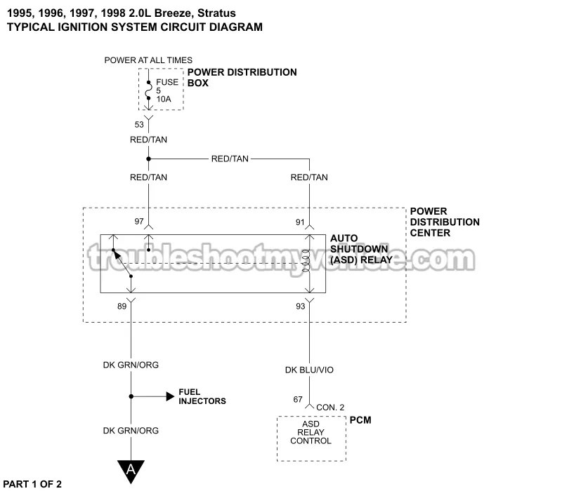 PART 1 -Ignition System Wiring Diagram. 1995, 1996, 1997, 1998 2.0L Dodge Stratus And Plymouth Breeze PART 1 of 2 -Ignition System Wiring Diagram. 1995, 1996, 1997, 1998 2.0L Dodge Stratus And Plymouth Breeze