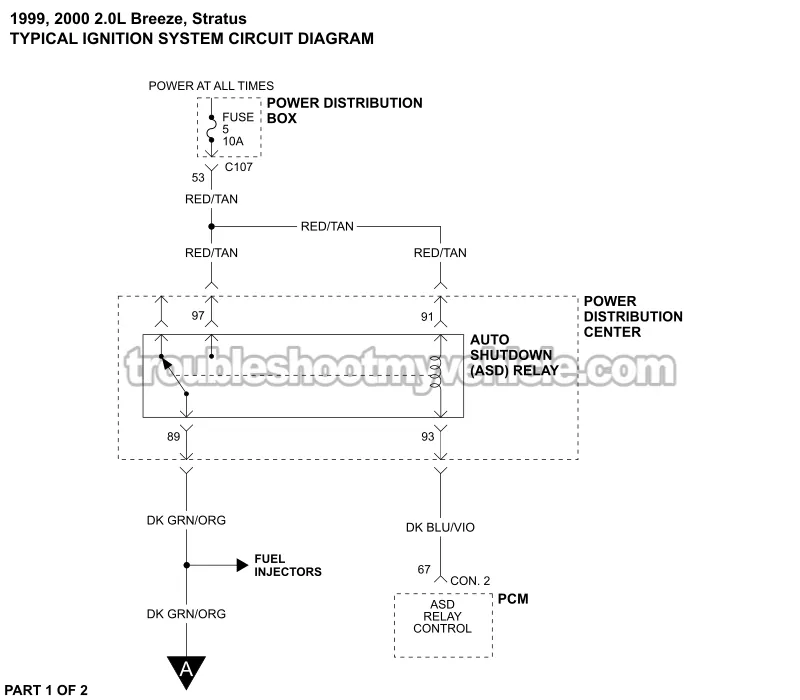 PART 1 -Ignition System Wiring Diagram. 1999, 2000 2.0L Dodge Stratus And Plymouth Breeze PART 1 of 2 -Ignition System Wiring Diagram. 1999, 2000 2.0L Dodge Stratus And Plymouth Breeze
