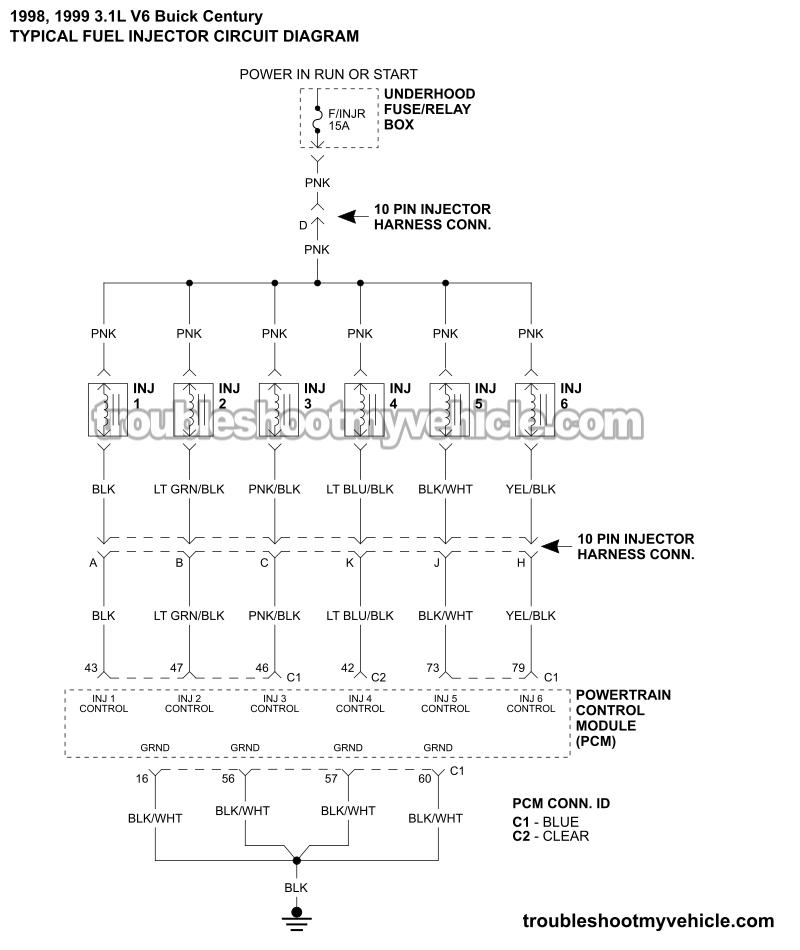 Fuel Injector Circuit Wiring Diagram (1998, 1999 3.1L V6 Buick Century)