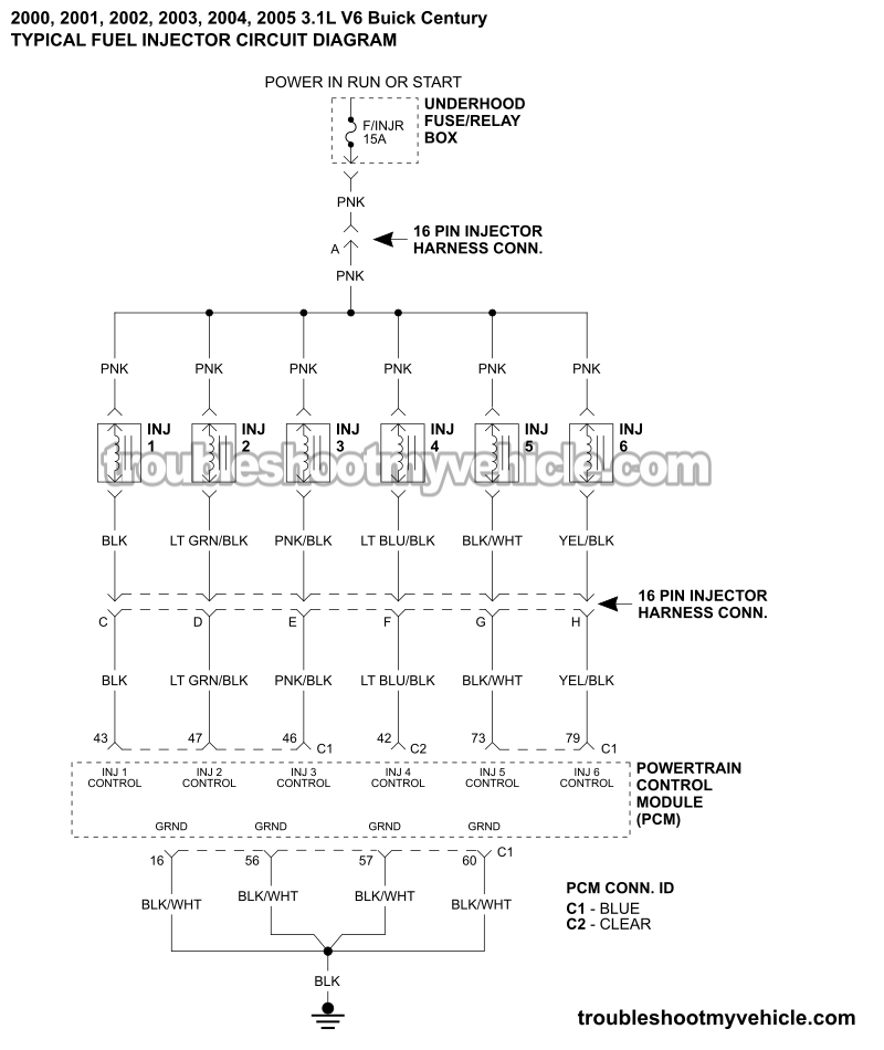 Fuel Injector Circuit Wiring Diagram (2000, 2001, 2002, 2003, 2004, 2005 3.1L V6 Buick Century)
