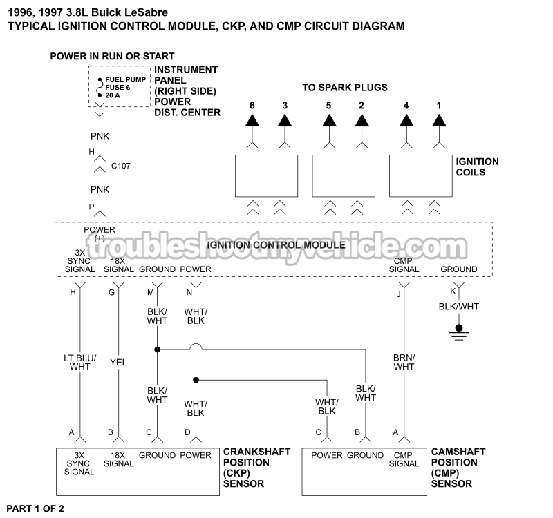 PART 1 OF 2: ICM And CKP/CMP Sensor Circuit Wiring Diagram (1996, 1997 3.8L V6 Buick LeSabre)