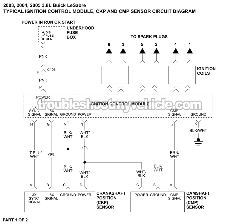 PART 1 OF 2: ICM And CKP/CMP Sensor Circuit Wiring Diagram (2003, 2005, 2005 3.8L V6 Buick LeSabre)