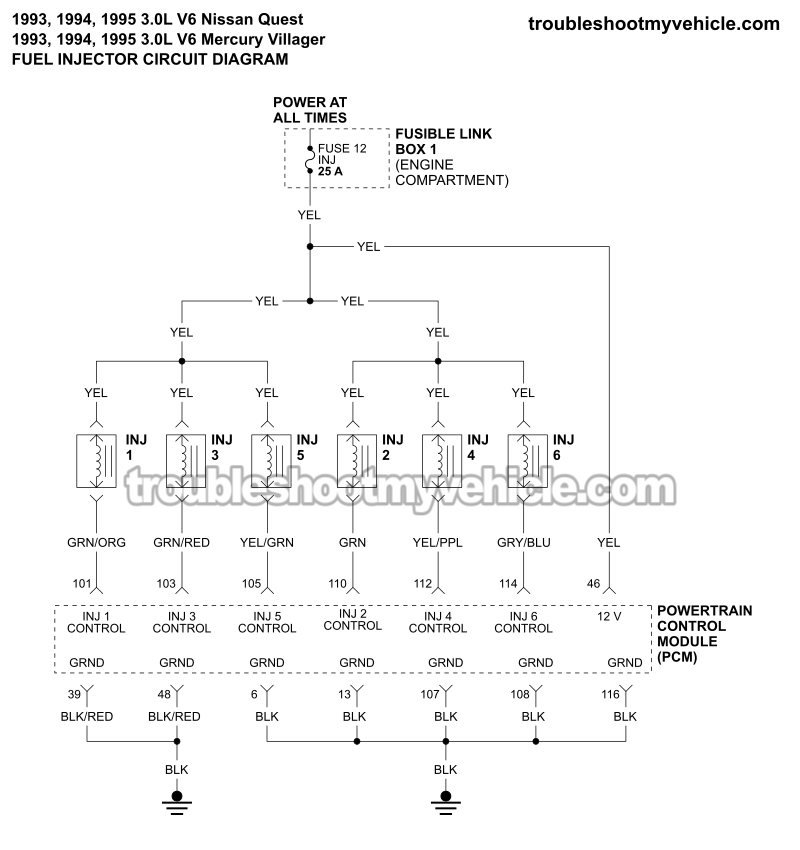 Fuel Injector Circuit Wiring Diagram (1993, 1994, 1995 3.0L V6 Nissan Quest, Mercury Villager)