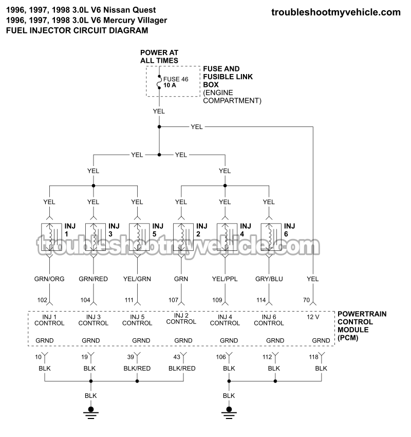 Fuel Injector Circuit Wiring Diagram (1996, 1997, 1998 3.0L V6 Nissan Quest, Mercury Villager)