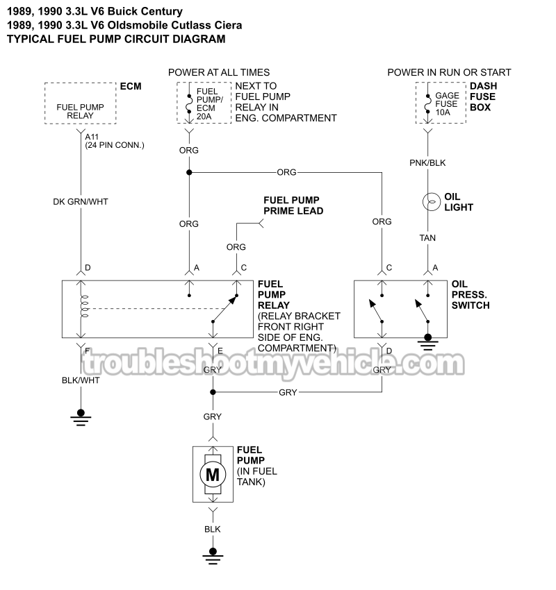 Fuel Pump Wiring Diagram (1989, 1990 3.3L V6 Buick Century, Olds Cutlass Ciera)