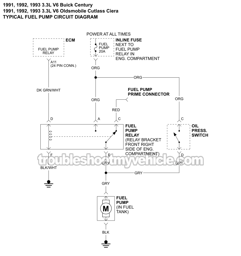 Fuel Pump Wiring Diagram (1991, 1992, 1993 3.3L V6 Buick Century, Olds Cutlass Ciera)