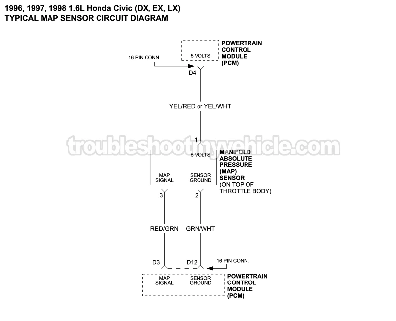 MAP Sensor Wiring Diagram (1996, 1997, 1998 1.6L Honda Civic CX, DX, EX, And LX)