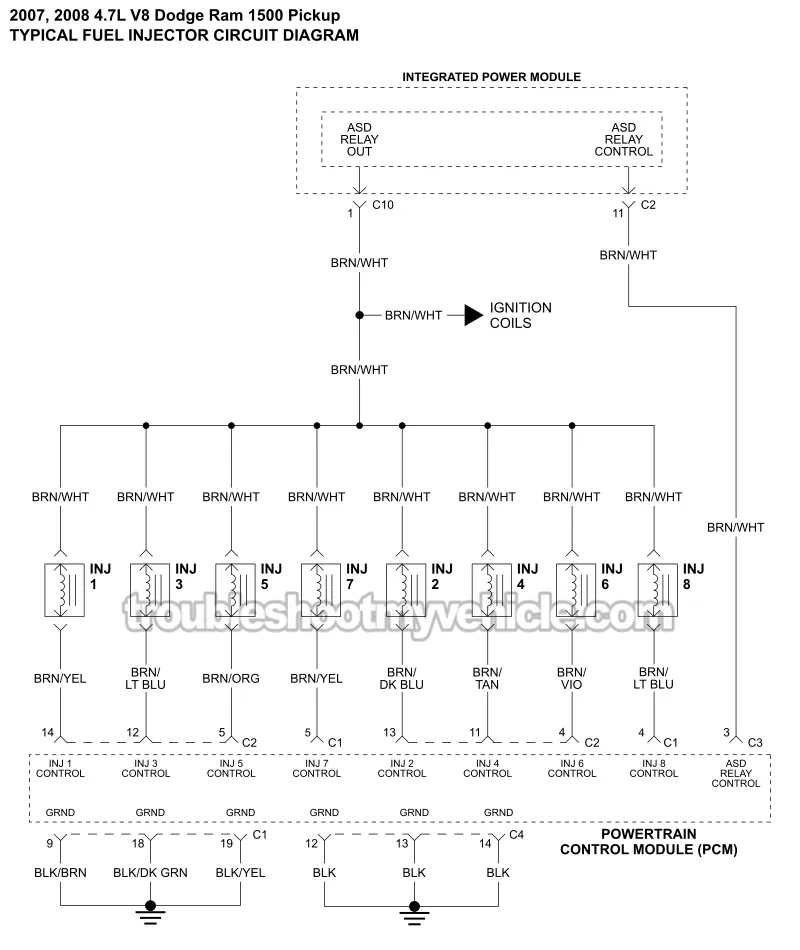 Fuel Injector Circuit Wiring Diagram. 2007, 2008 4.7L V8 Dodge Ram Pickup