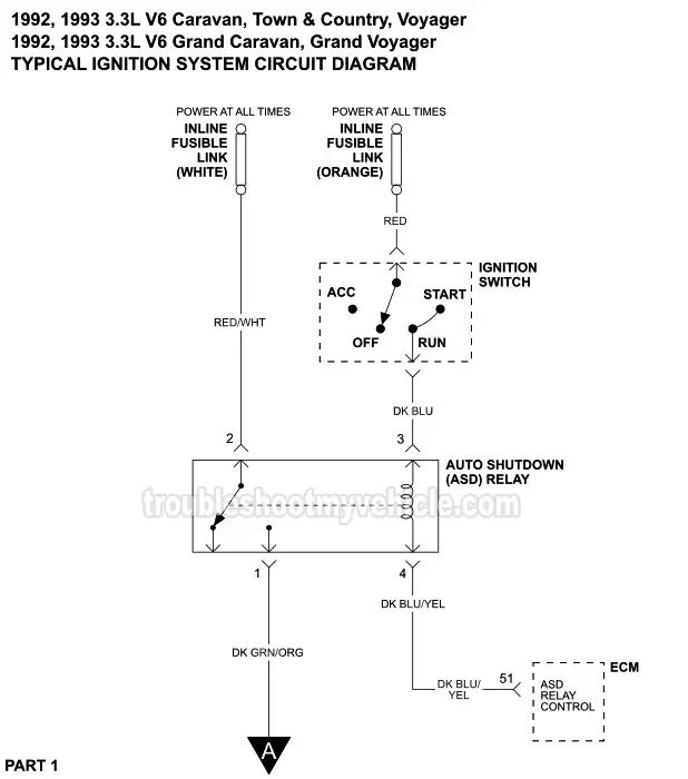 PART 1 of 2 -Ignition System Wiring Diagram. 1992, 1993 3.3L V6 Caravan, Grand Caravan, Town & Country, Voyager, Grand Voyager