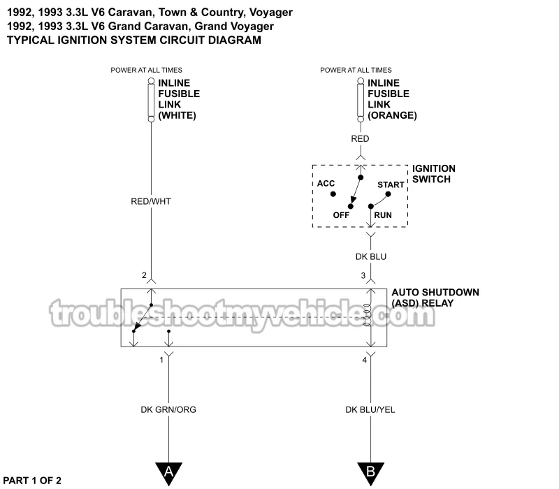 PART 1 -Ignition System Wiring Diagram. 1992, 1993 3.3L V6 Caravan, Grand Caravan, Town & Country, Voyager, Grand Voyager PART 1 of 2 -Ignition System Wiring Diagram. 1992, 1993 3.3L V6 Caravan, Grand Caravan, Town & Country, Voyager, Grand Voyager