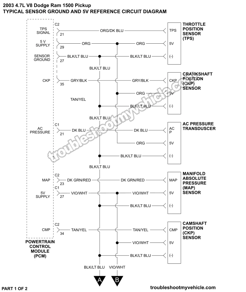 Sensor Power And Ground Circuit Wiring Diagram (2003 4.7L V8 Dodge Ram Pickup)