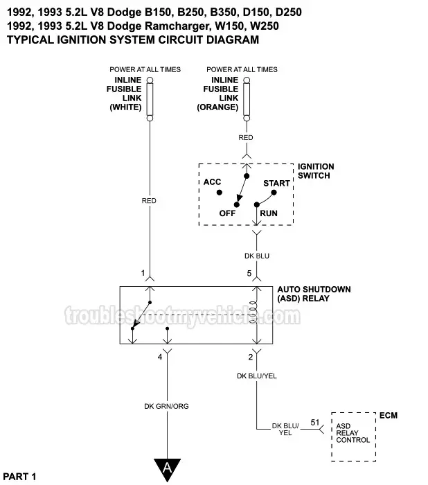 PART 1 -Ignition System Wiring Diagram. 1992, 1993 5.2L V8 Dodge: B150, B250, B350, D150, D250, Ramcharger, W150, W250
