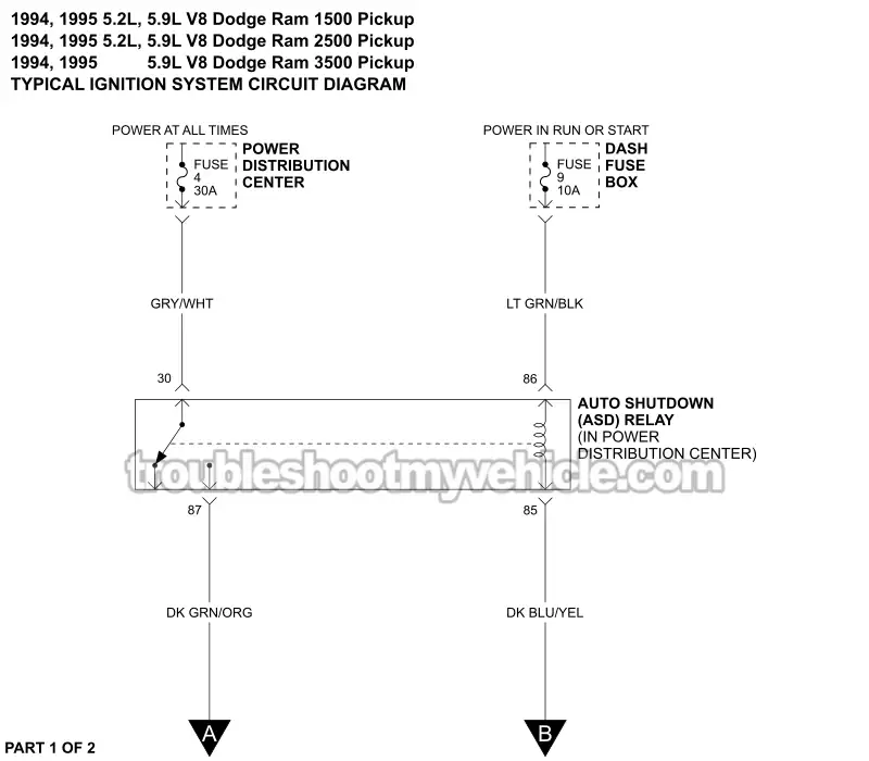 PART 1 OF 2 -Ignition System Wiring Diagram. 1994, 1995 5.2L, 5.9L V8 Ram Pickup PART 1 OF 2 -Ignition System Wiring Diagram. 1994, 1995 5.2L, 5.9L V8 Ram Pickup