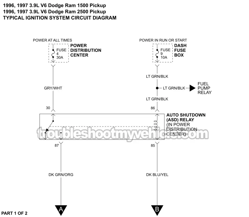 PART 1 OF 2 -Ignition System Wiring Diagram (1996, 1997 3.9L V6 Dodge Ram Pickup). PART 1 OF 2 -Ignition System Wiring Diagram (1996, 1997 3.9L V6 Dodge Ram Pickup).