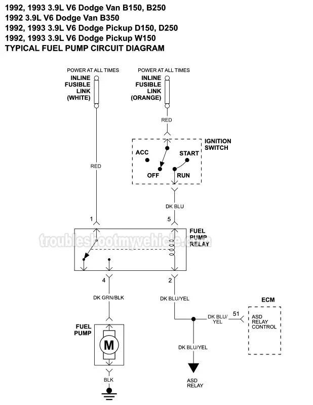 PART 1 -Fuel Pump Circuit Wiring Diagram. 1992, 1993 3.9L V6 Dodge B150 Van, B250 Van, B350 Van, D150 Pickup, D250 Pickup, W150 Pickup
