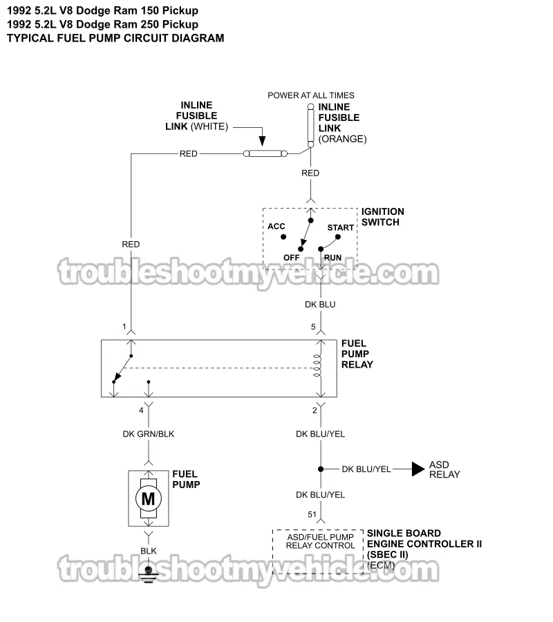 Fuel Pump Circuit Wiring Diagram (1992 5.2L V8 Dodge Ram Pickup) Fuel Pump Circuit Wiring Diagram (1992 5.2L V8 Dodge Ram Pickup)