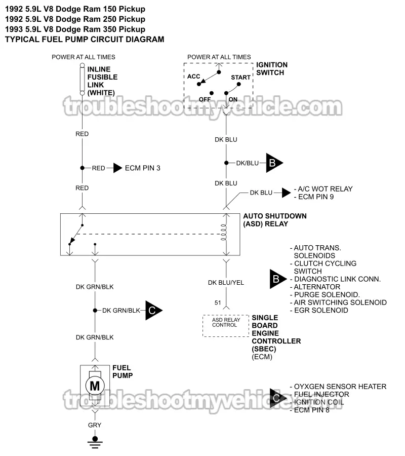 Fuel Pump Circuit Wiring Diagram (1992 5.2L V8 Dodge Ram Pickup) Fuel Pump Circuit Wiring Diagram (1992 5.2L V8 Dodge Ram Pickup)
