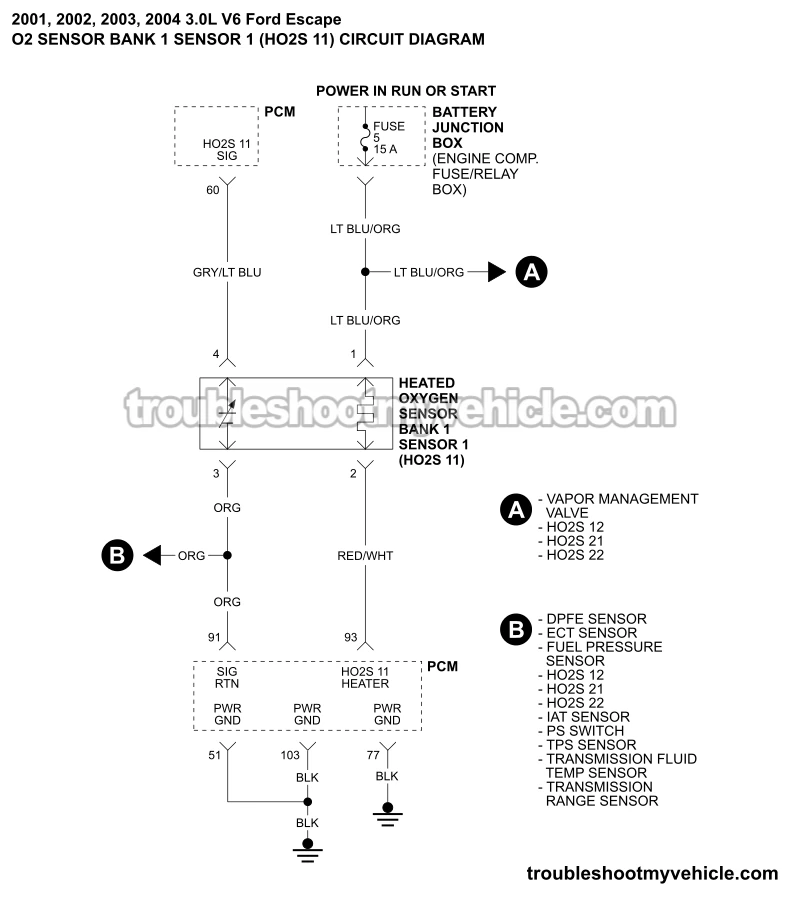 O2 Sensor Bank 1 Sensor 1 Circuit Wiring Diagram (2001, 2002, 2003, 2004 3.0L V6 Ford Escape)