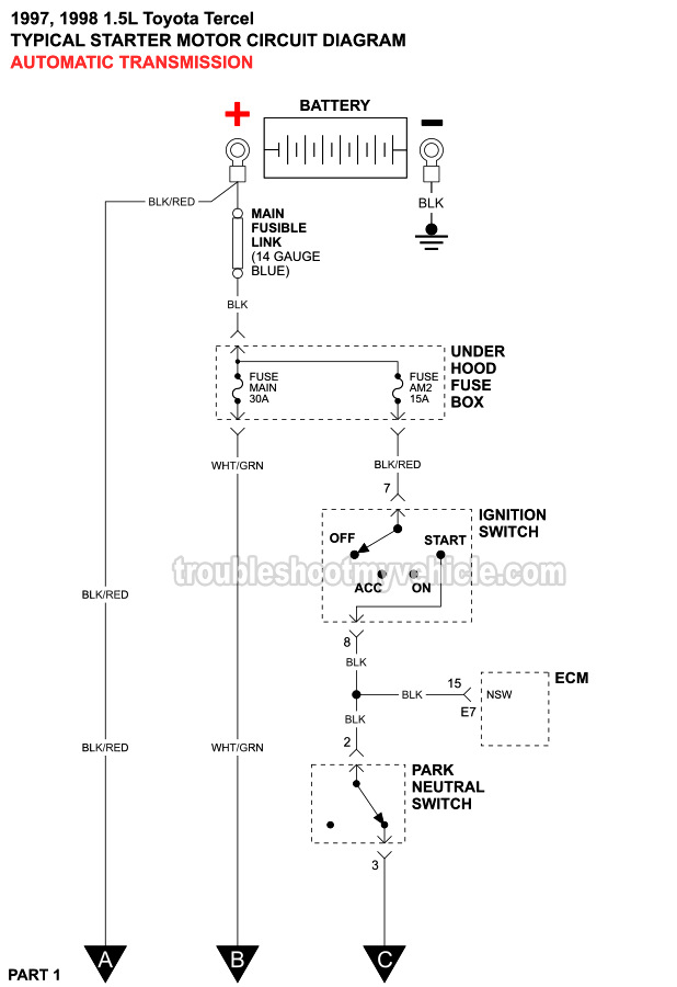 Starter Motor Circuit Wiring Diagram (1997, 1998 1.5L Toyota Tercel)