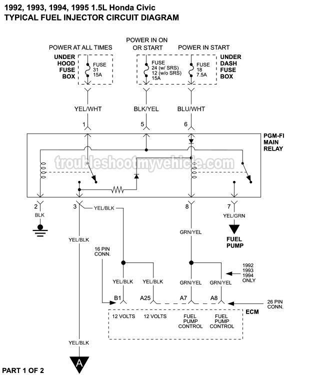 1992, 1993, 1994, 1995 1.5L Honda Civic Fuel Injector Circuit Diagram