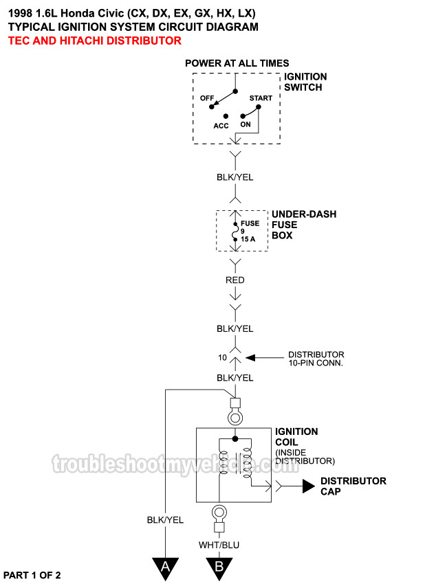 Ignition System Wiring Diagram (1998 1.6L Honda Civic) Honda Civic Distributor Diagram troubleshootmyvehicle.com