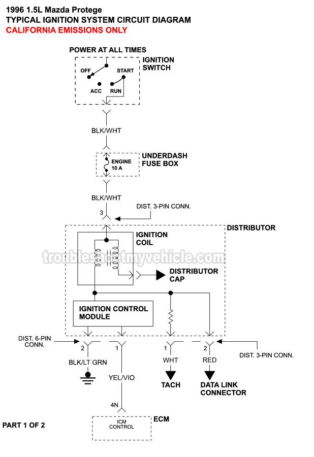 1996 1.5L Mazda Protege Ignition Circuit Wiring Diagram (With California Emissions)