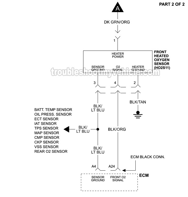 Part 2 of 2: Front Oxygen Sensor Circuit Wiring Diagram (1996, 1997, 1998 4.0L Jeep Grand Cherokee)