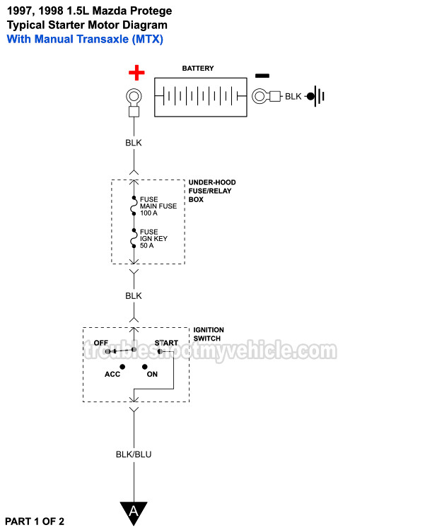 1997, 1998 1.5L Mazda Protege Starter Motor Circuit Wiring With Manual Transaxle (MTX) Diagram